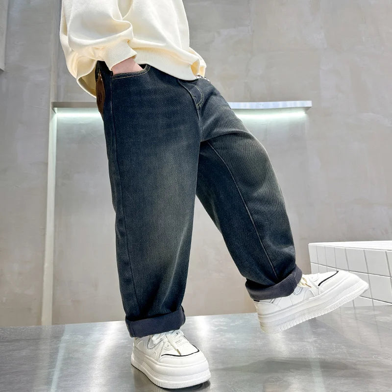 Retro Dark Blue Winter Warm Jeans  Thickened Insulated Denim Pants
