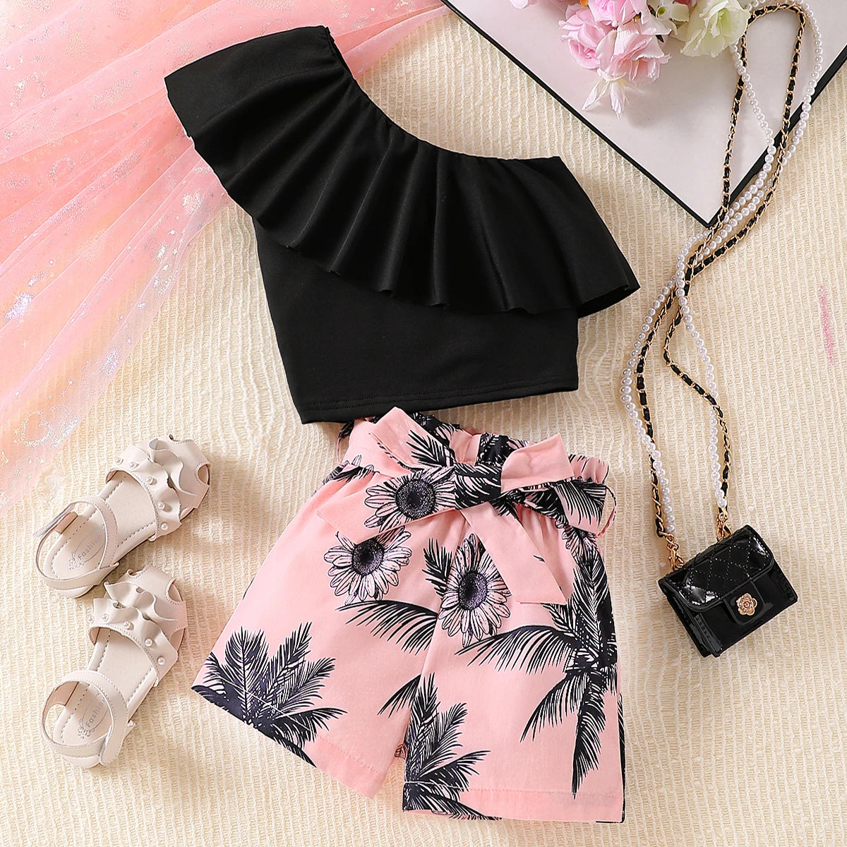 2PCS Kid Girl Clothing Set Off-Shoulder Top+Flower Shorts With Bow Summer Sense Of Design Siut For Child Girl 3-10 Years