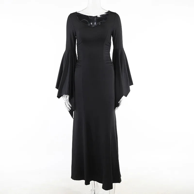 Halloween Costume Women Batwing Sleeve Floor Dress Black Gothic Evil Terror