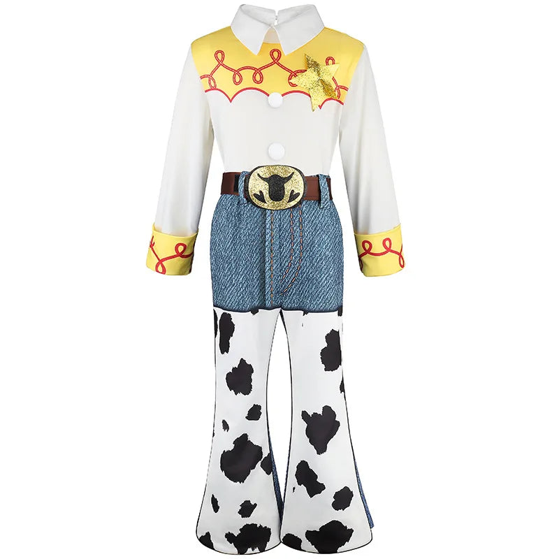 2026 Jessie Cowgirl Costume 2 Piece Set Sleeve shirt Cow Print Flared Pants Kids Cosplay Outfit