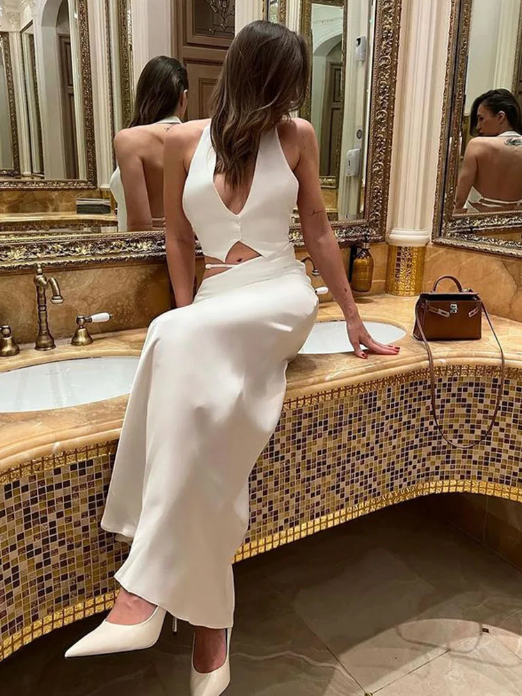 Solid Sleeveless Backless V-Neck Tracksuits (Tops+Long Skirts)Matching 2 Pieces