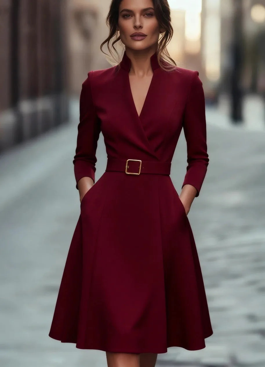solid color V-neck waist-cinching long-sleeved  dress with a wide skirt for women