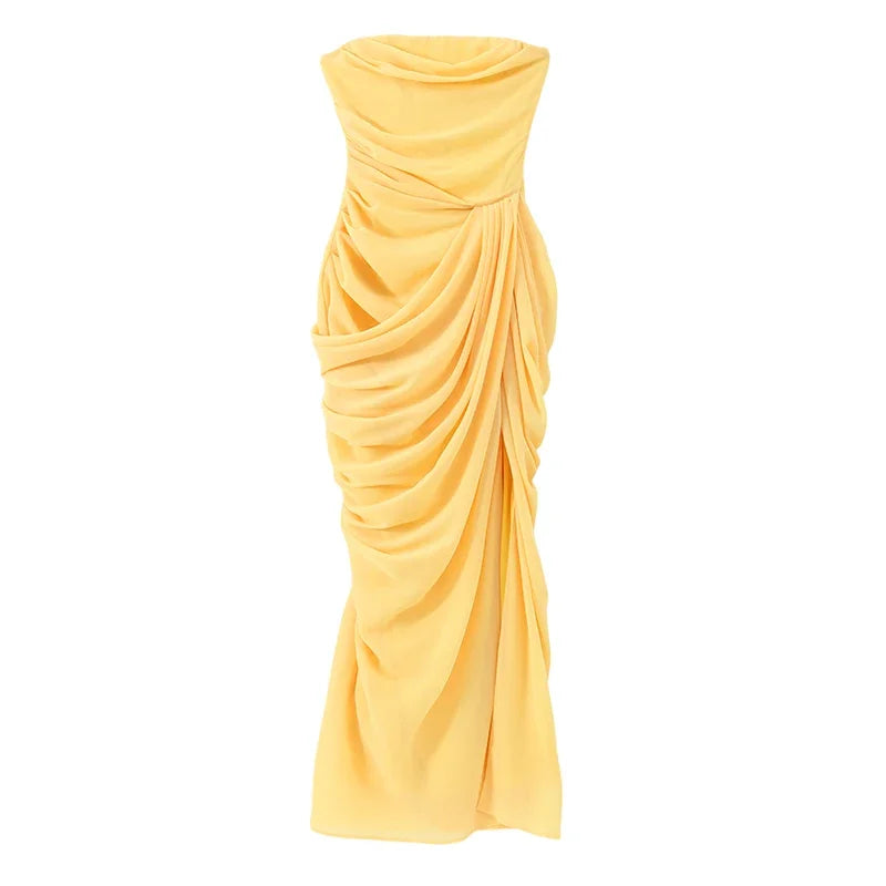Solid Pleated Strapless Women's Dress Backless Off-shoulder