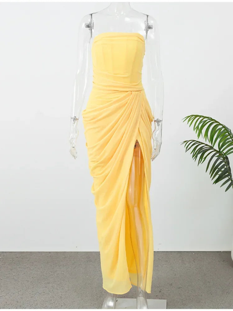Solid Pleated Strapless Women's Dress Backless Off-shoulder