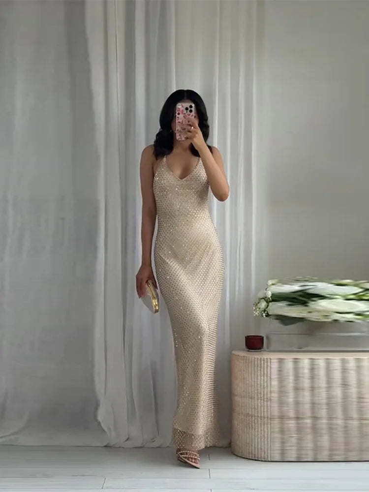 Diamond Halter Backless V Neck Dress