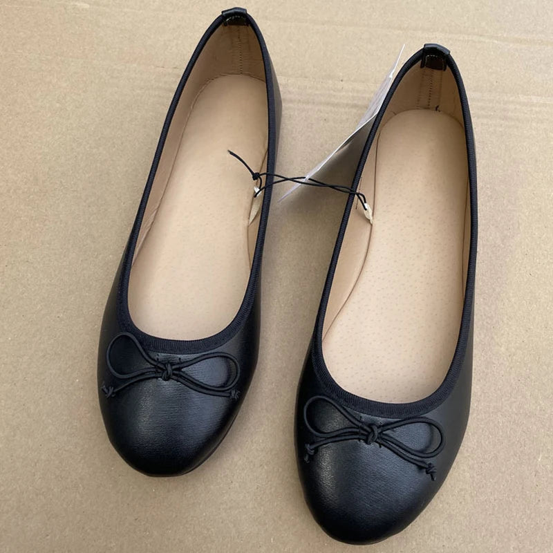 Bowknot Ballet Flats Classic Shoe Round Toe Comfort Slip-On Ladies Fashion Loafers Leather Mules Shoes