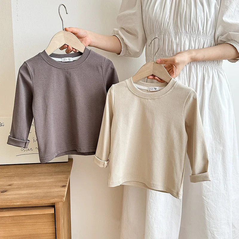 6 Colors Autumn Long Sleeve Tees Children's T-shirt Cotton Solid Color Base Coat Leisure Wear Boys Girls Tops Kids Clothes