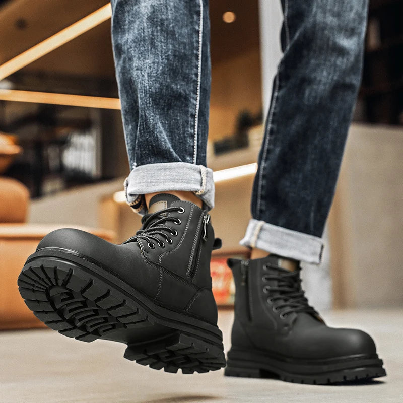 New autumn and winter men's boots rain boots high-top fashion side zipper motorcycle boots men's outdoor warm booties lacing 46