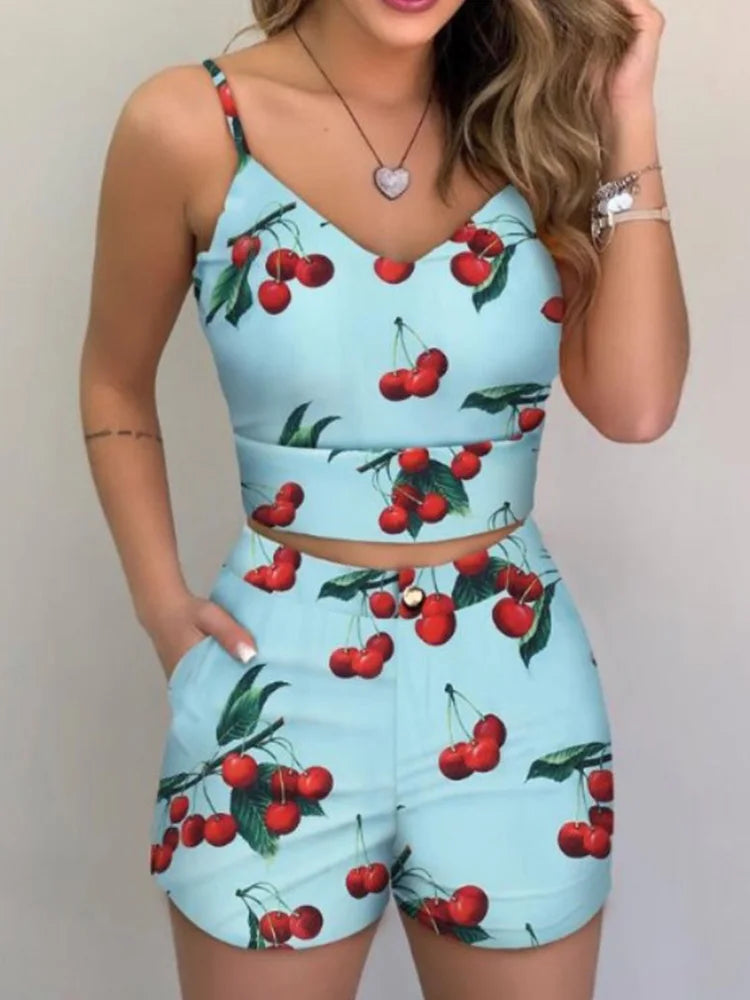 Two Piece Set Sleeveless Floral Vest Shirts + Shorts