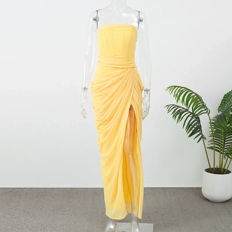 Solid Pleated Strapless Women's Dress Backless Off-shoulder