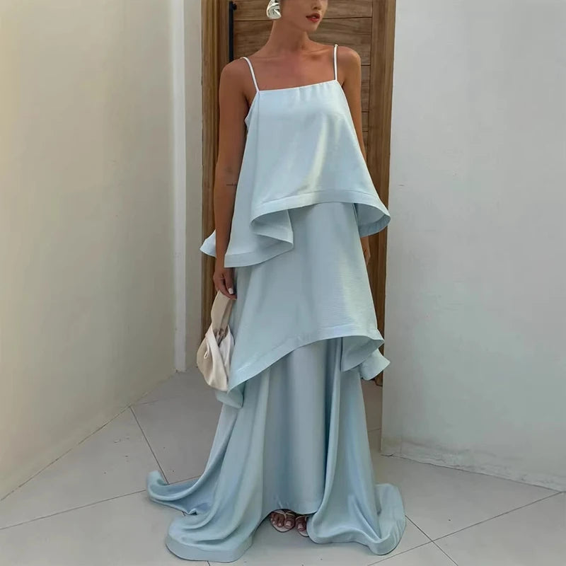 Multicolored Pleated  Maxi Dress  Spaghetti Strap Ruffle Tiered Flowy