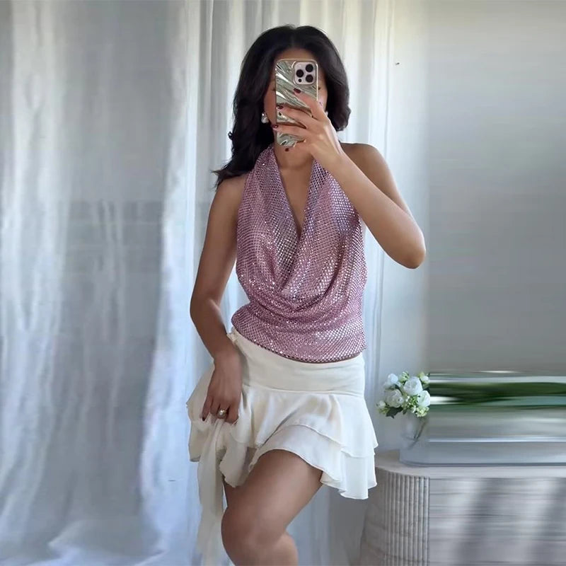 Diamond Halter Backless V Neck Dress