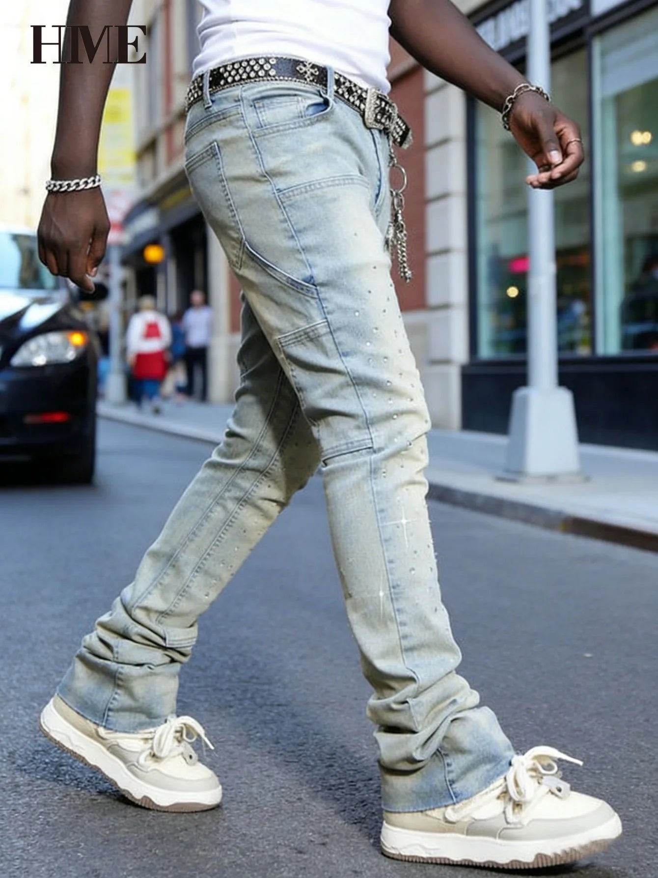 【HME】Men's jeans | Rhinestone Embellished Stacked Flare Denim pants for men, light vintage washed denim trousers with full‑body hot‑fix rhinestones, contrast stitching, multi‑pocket construction fashion streetwear m