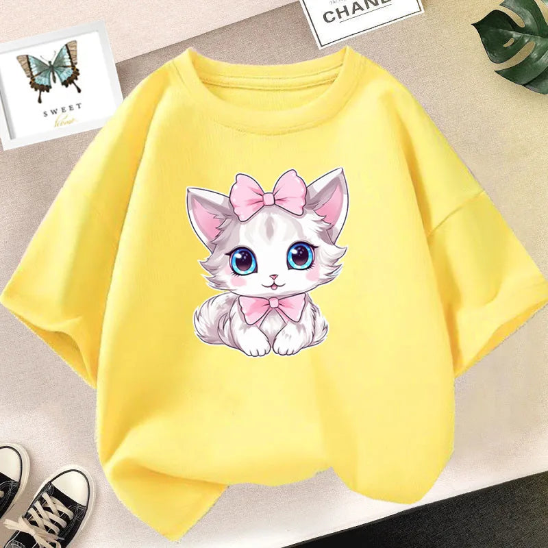 Cat Girls T Shirt Clothes Girls Animal Children T-Shirt Kids Summer Cat Lively Cute Funny Baby T Shirts Tops 2023