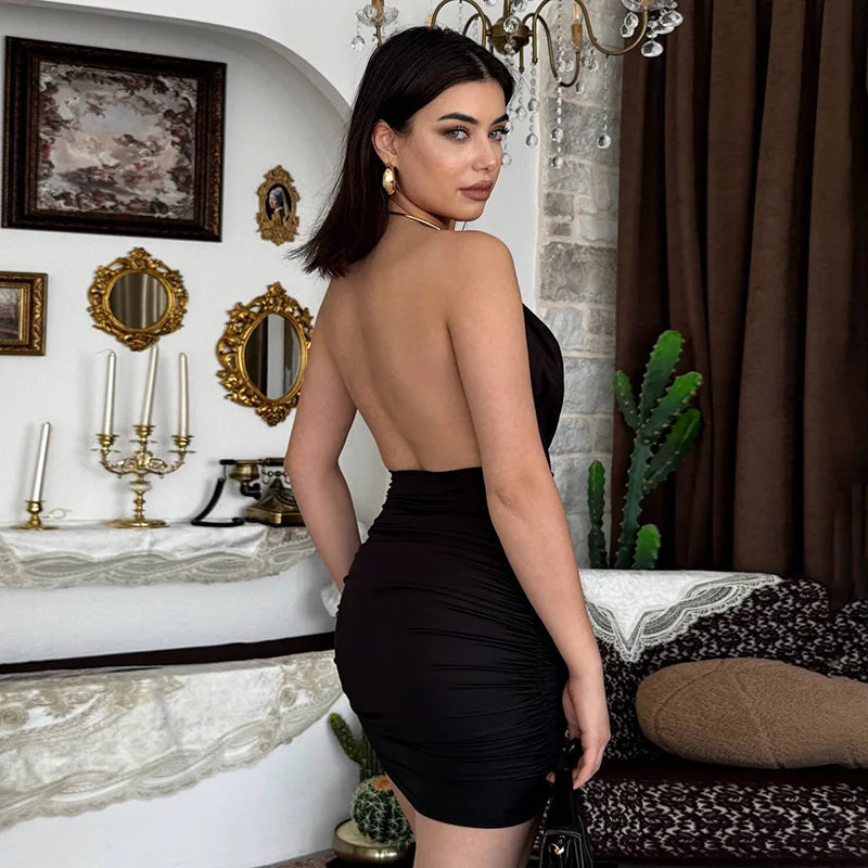 Metal Ring Halter Dress Cowl Neck Bodycon