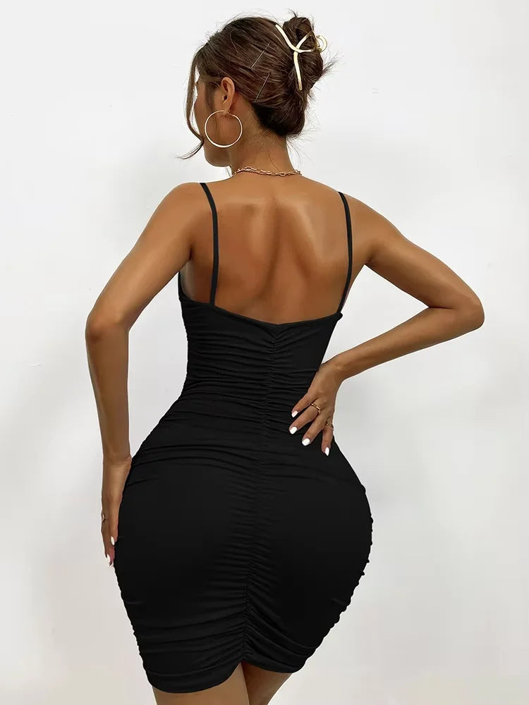 European and American summer women's sexy V-neck pleated backpack hip suspender skirt
