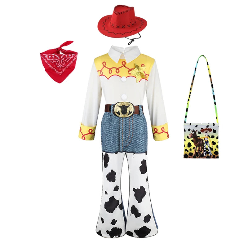 2026 Jessie Cowgirl Costume 2 Piece Set Sleeve shirt Cow Print Flared Pants Kids Cosplay Outfit