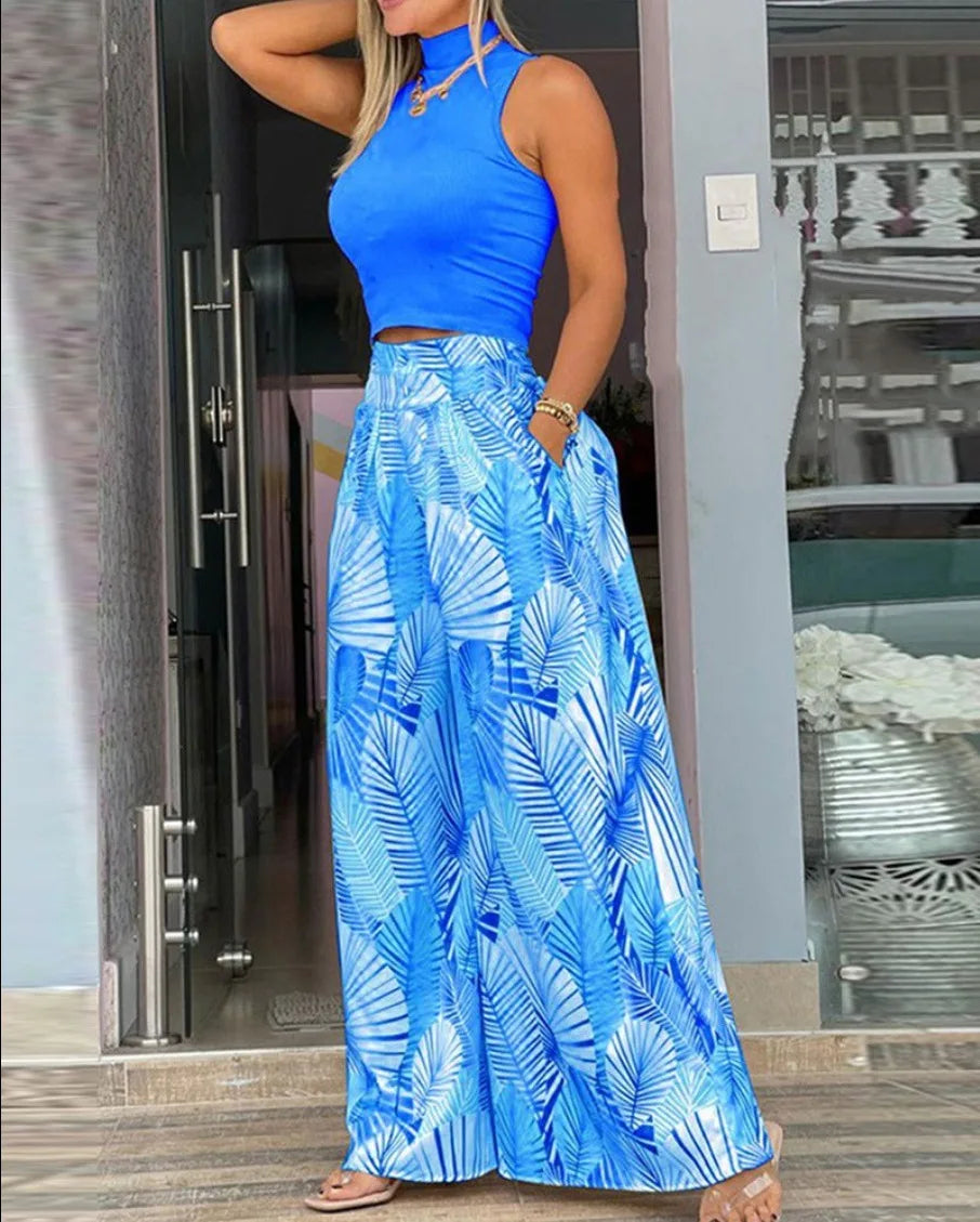 Print Two-piece Set, Smooth Sleeveless T-shirt, Wide Leg Pants