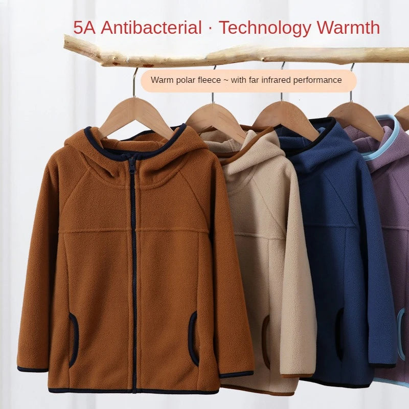 Children's Fleece Jacket Autumn Winter Casual Warm Teen Boys Girls Hooded Outerwear Anti-Static Windproof Cozy Kids Tops Clothes