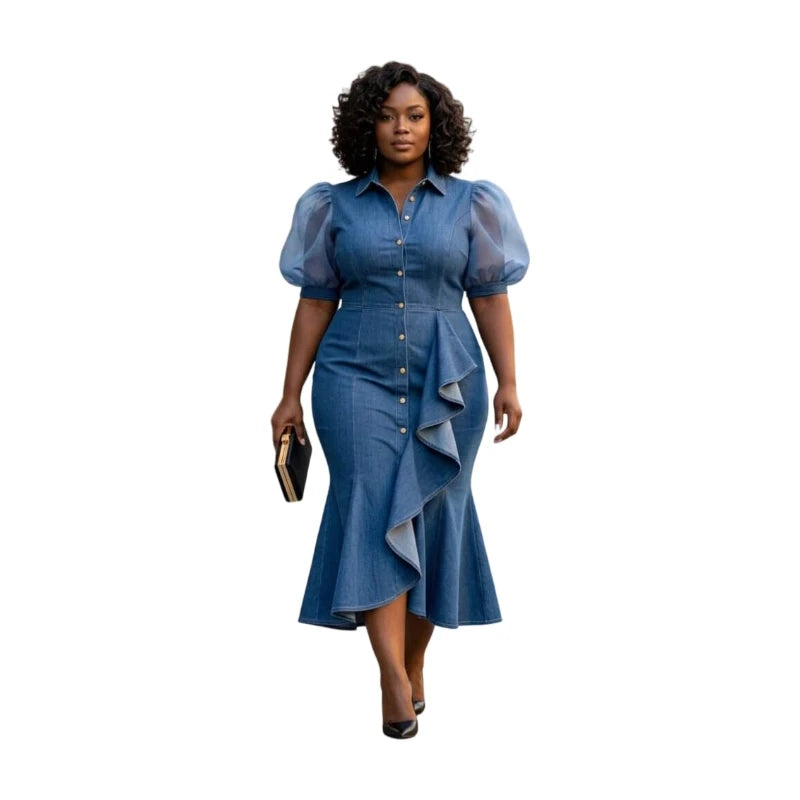 Plus Size Shirt Collar Puff Sleeve Button Decor Ruffle Midi Dress For Women Office Business Mermaid Bodycon Dress