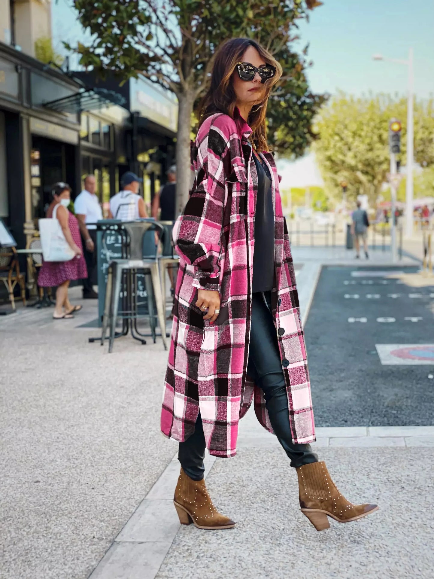 Women Coat Plaid Print Long Maxi Button Coats