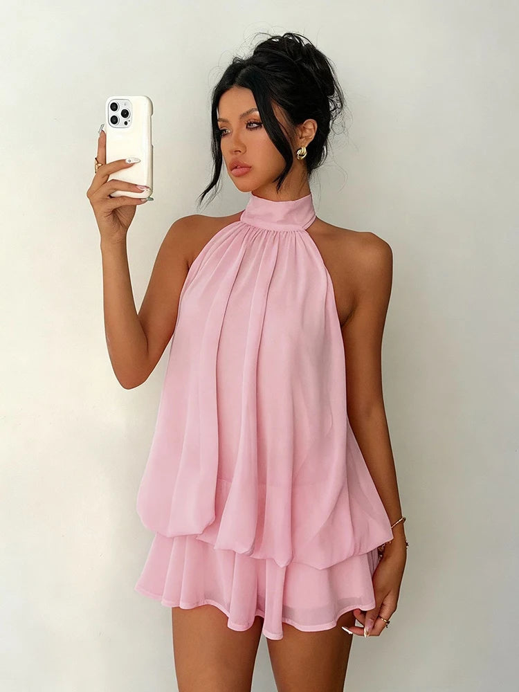 Halter Neck Backless Tie Mini Dress