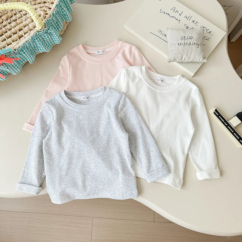 6 Colors Autumn Long Sleeve Tees Children's T-shirt Cotton Solid Color Base Coat Leisure Wear Boys Girls Tops Kids Clothes