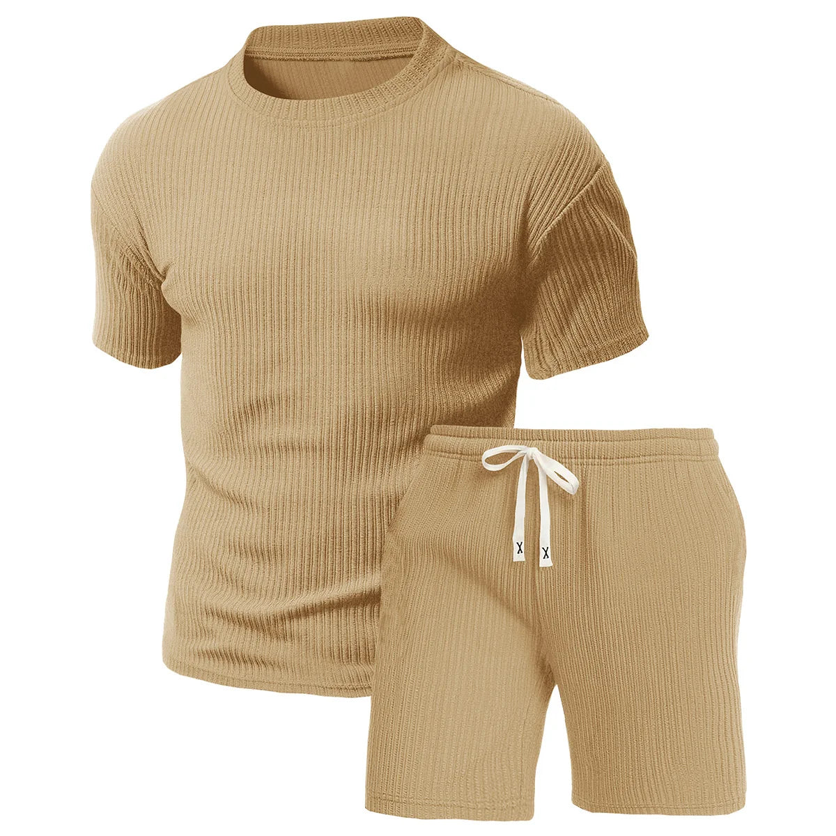 2-piece men's round neck short sleeved shorts set, textured fabric breathable and sweat wicking, suitable for outdoor hiking, travel, fitness and other sports in summer with casual sports T-shirt set