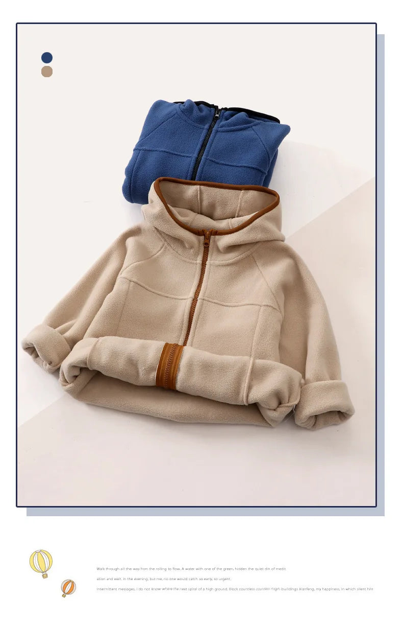 Children's Fleece Jacket Autumn Winter Casual Warm Teen Boys Girls Hooded Outerwear Anti-Static Windproof Cozy Kids Tops Clothes