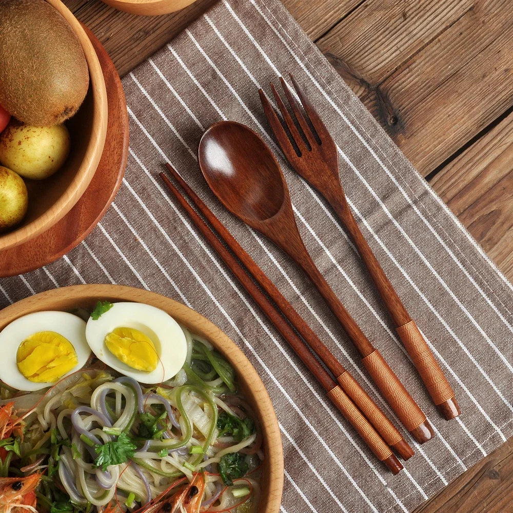 3 Pieces Tableware Natural Wood Dinnerware Spoon Chopsticks