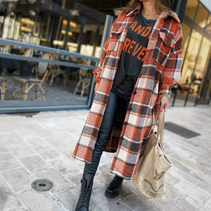 Women Coat Plaid Print Long Maxi Button Coats