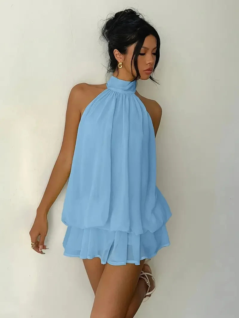 Halter Neck Backless Tie Mini Dress