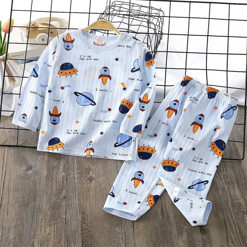 Top+Pants 2-Piece Set Breathable Soft Cotton Pajamas Children Boys Girls Baby Summer Cartoon Long Sleeve Home Sleepwear Set 1-6Y