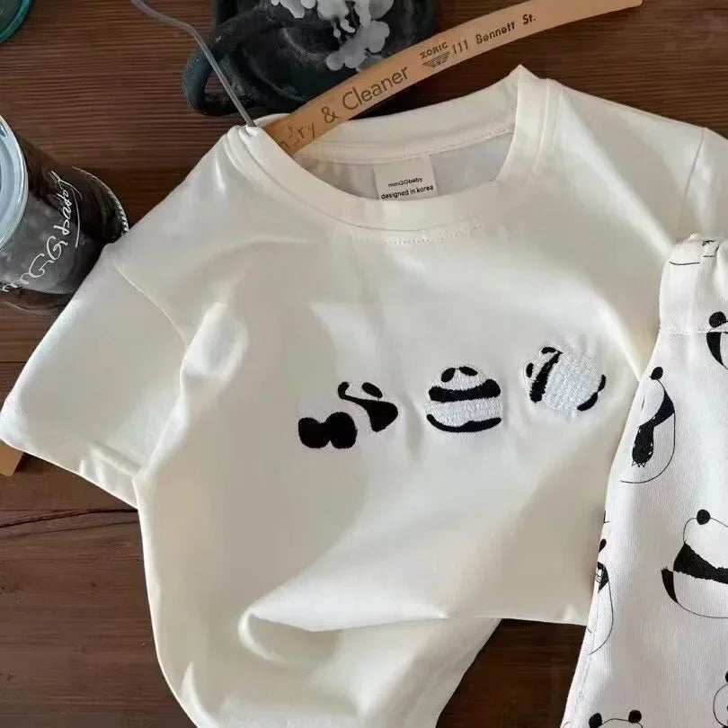 Children's Clothing Sets Panda Embroidered Short Sleeve Top + Panda Print Shorts Baby Girl Clothes for 2 To 7years Outfit Set