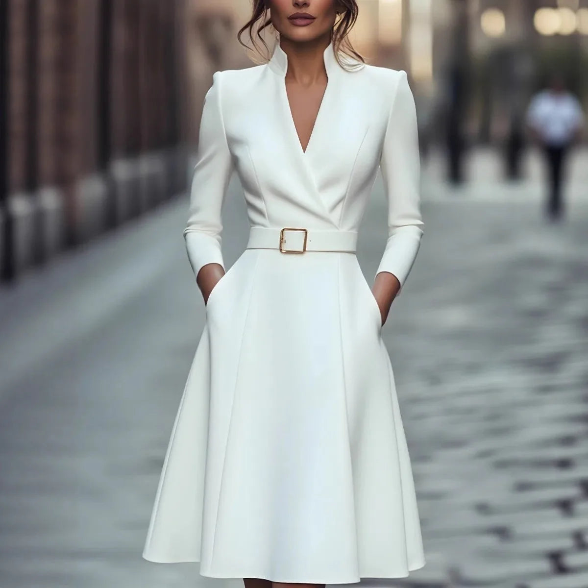 solid color V-neck waist-cinching long-sleeved  dress with a wide skirt for women