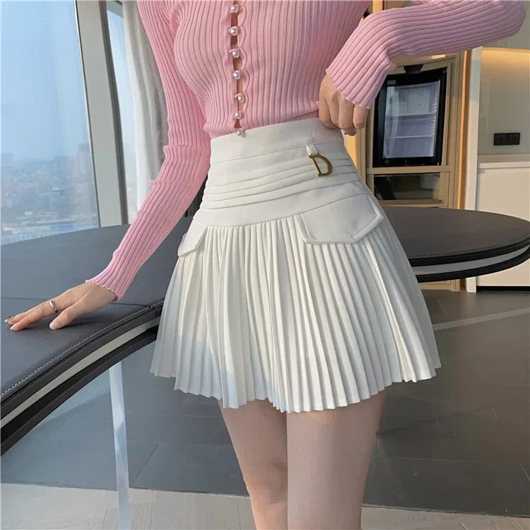 White Pleated Skirts High Waist Mini Metal Letter D A-Line