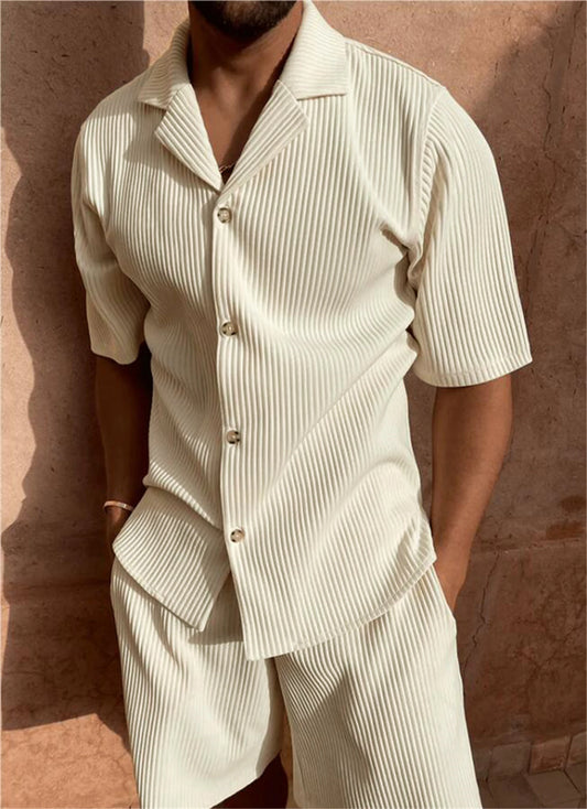Solid color corduroy shorts sleeve shirt and shorts stretch