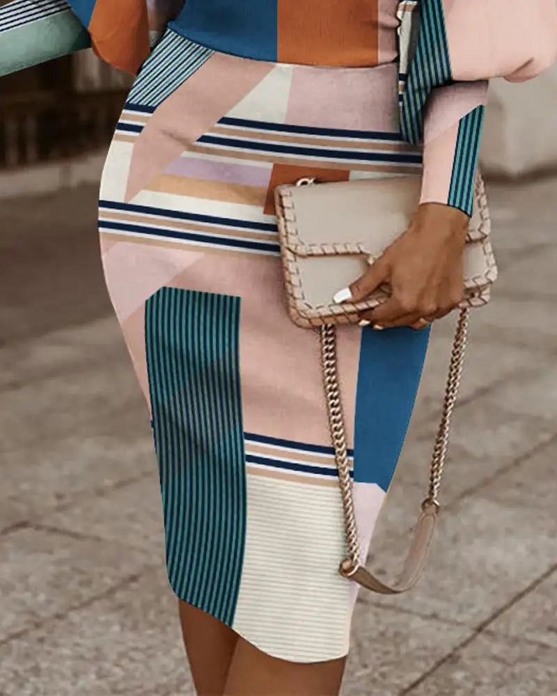 Maze Printed Long Sleeved Slim Fit Dress