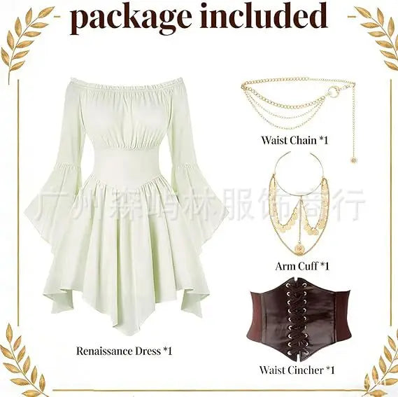 Women's Dress Suit Halloween Renaissance Medieval Pirate Dress Off-the-Shoulder Flared-Sleeve