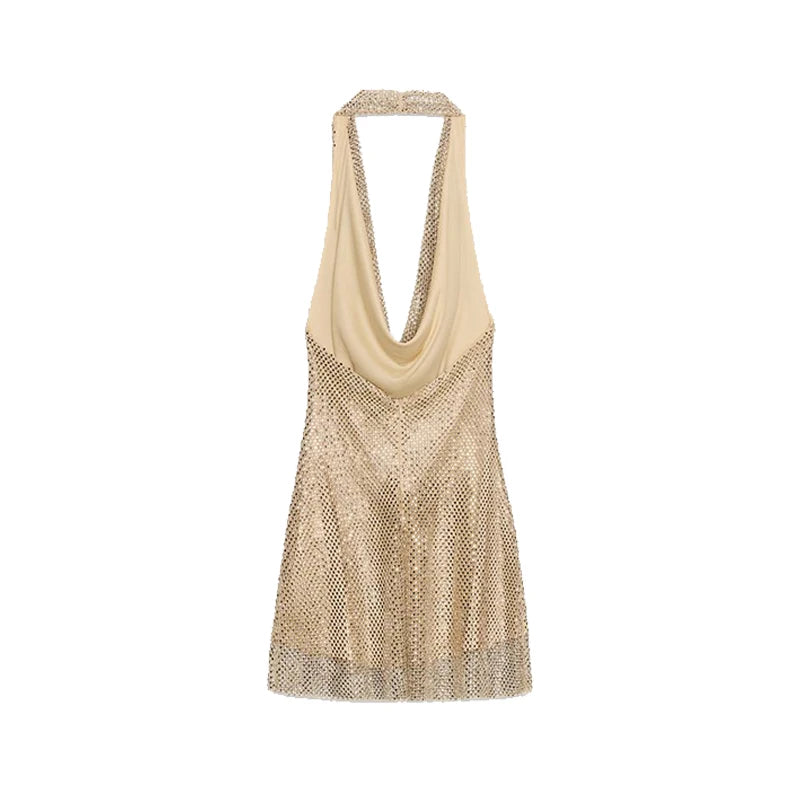 Diamond Halter Backless V Neck Dress
