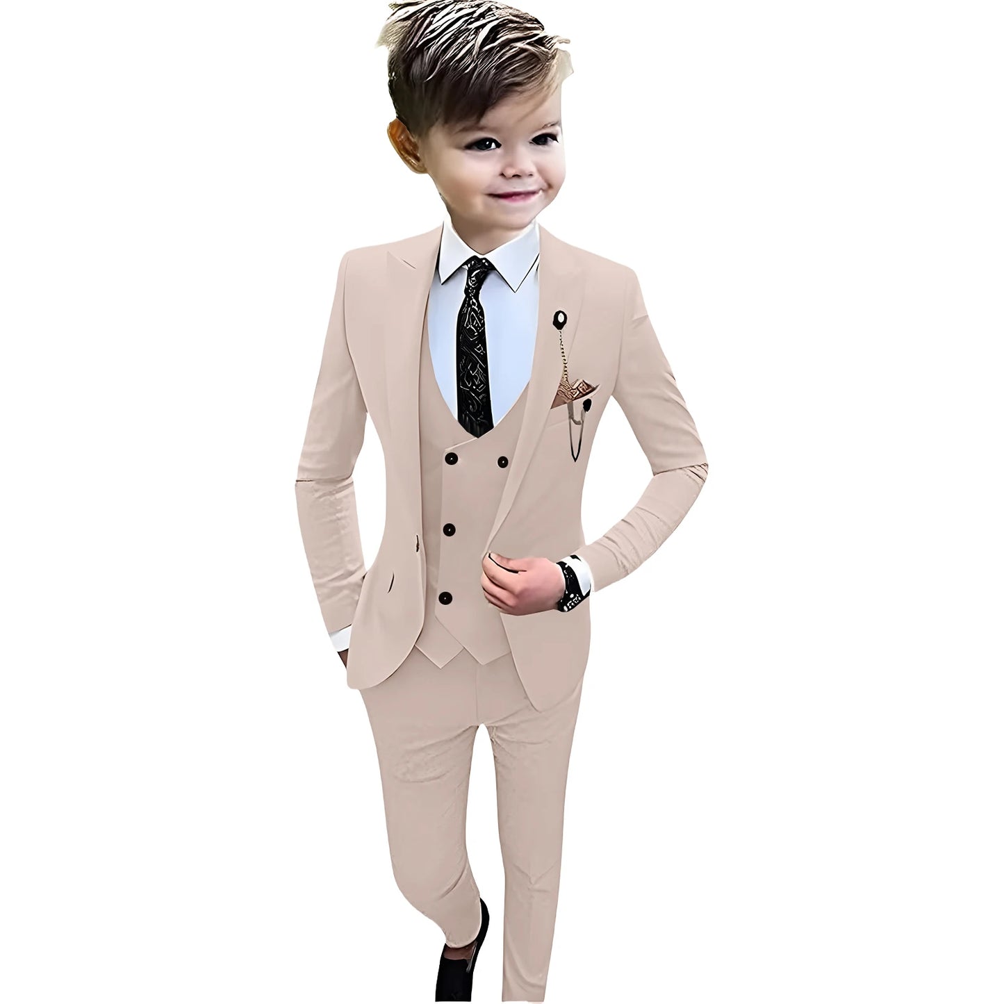 Beige Boy's Formal Suit Set, 4 Pieces Regular Fit Kids Smart Prom Suits, Jacket Vest Pants Tie Classy Solid Tuxedo For Wedding