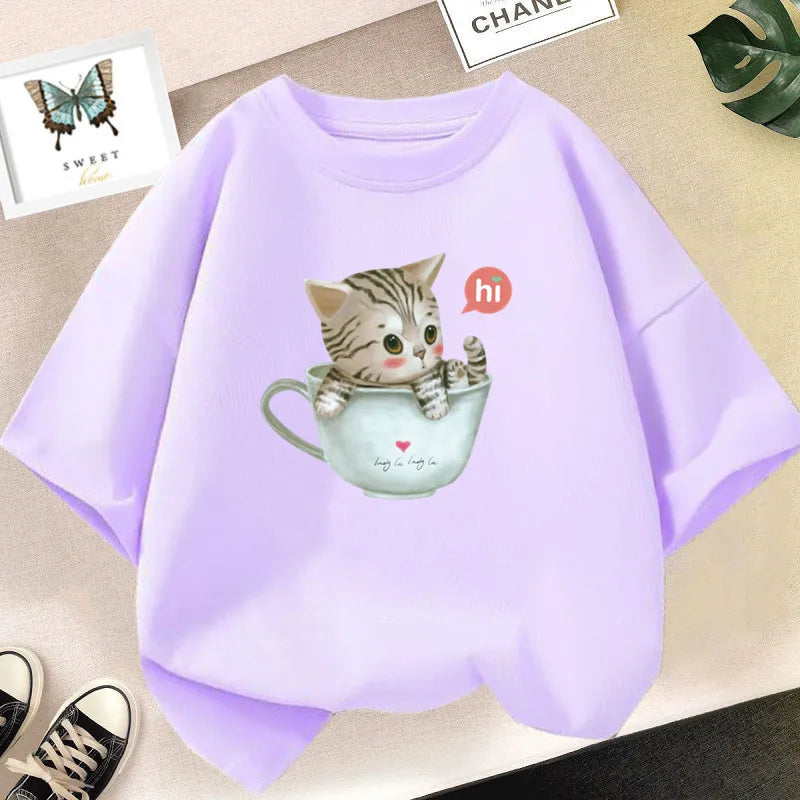 Cat Girls T Shirt Clothes Girls Animal Children T-Shirt Kids Summer Cat Lively Cute Funny Baby T Shirts Tops 2023