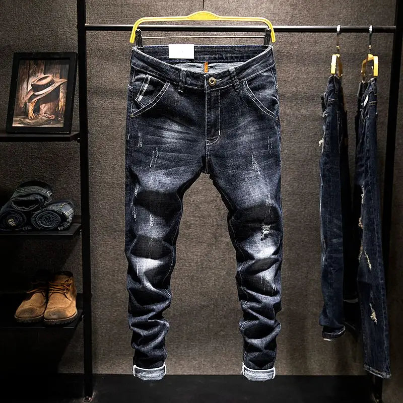 Elastic Straight Jeans Men Ripped Worn-out Slim-fit