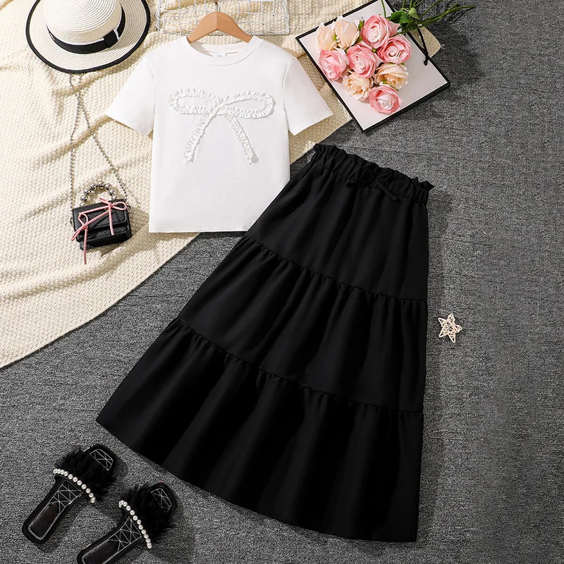 Trendy Girls Sets Solid Color Sets White Bow-knot T-shirt & Black Maxi Skirt 2 Pcs Korean Style Cute Sets Girls Suits