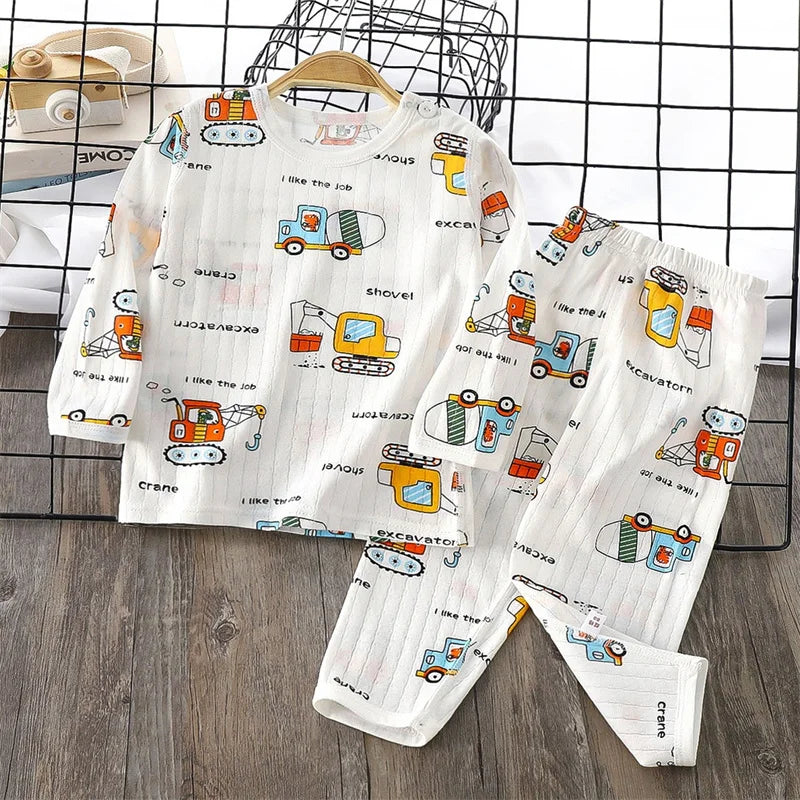 Top+Pants 2-Piece Set Breathable Soft Cotton Pajamas Children Boys Girls Baby Summer Cartoon Long Sleeve Home Sleepwear Set 1-6Y