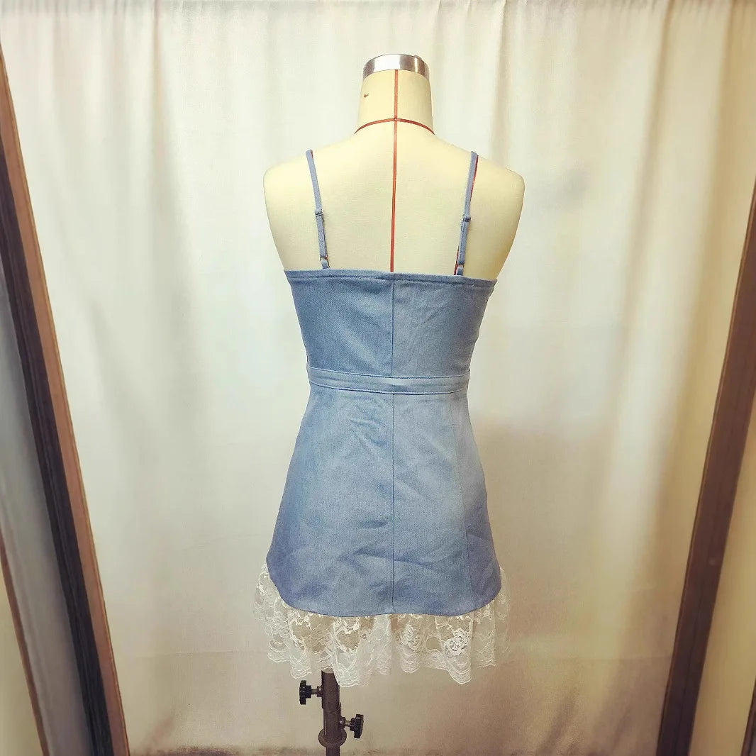 Sexy Lace Denim Sleeveless Suspenders Patchwork Women's Mini Dress Fashionable Lace Ruffle Elegant Women's A-Line Mini Dress