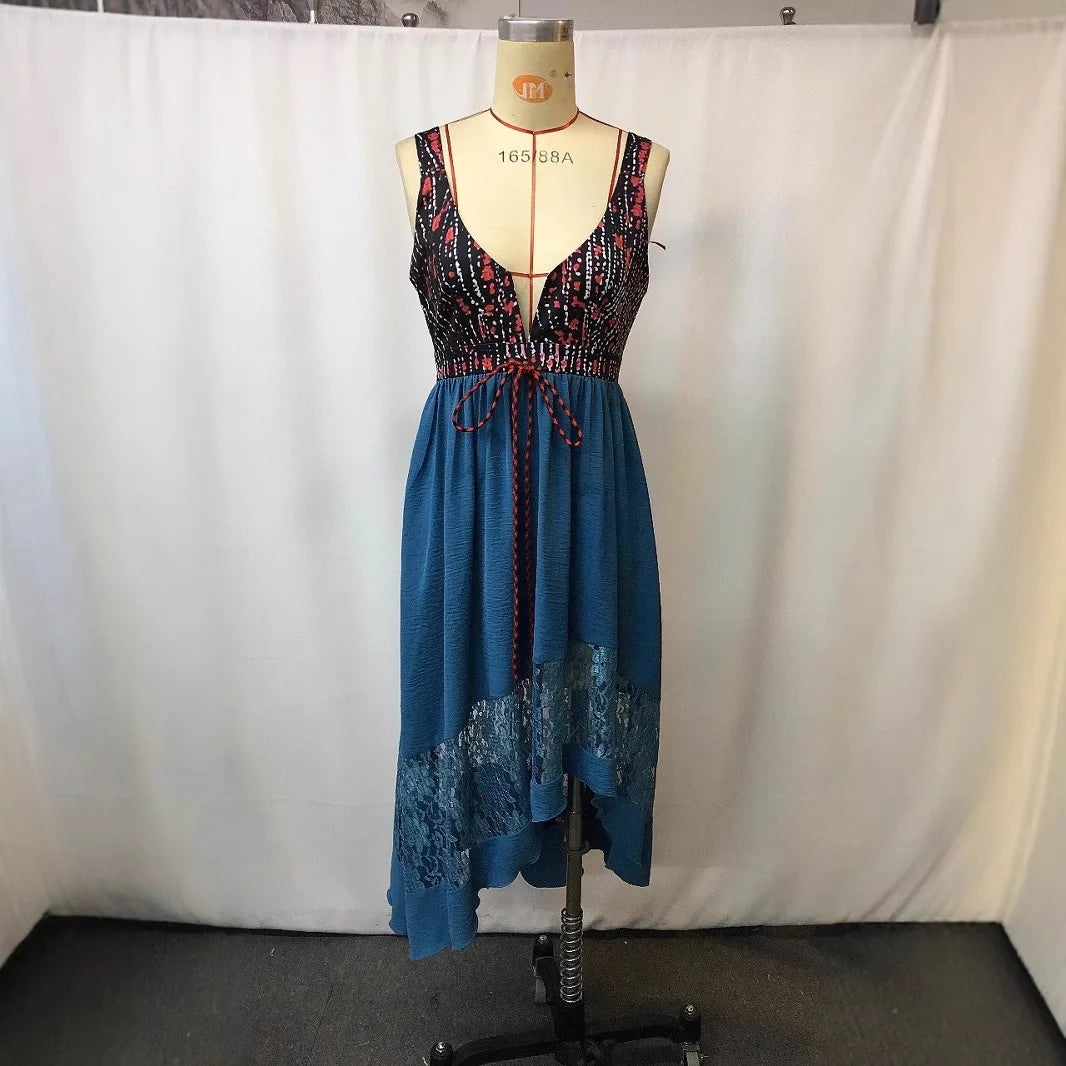 Fashion V Neck Dress For Women Casual Sleeveless High Waist Loose Dresses Robe Femme Holiday Boho Vintage Vestidos Clothes New