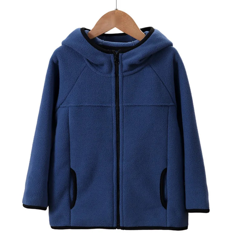 Children's Fleece Jacket Autumn Winter Casual Warm Teen Boys Girls Hooded Outerwear Anti-Static Windproof Cozy Kids Tops Clothes