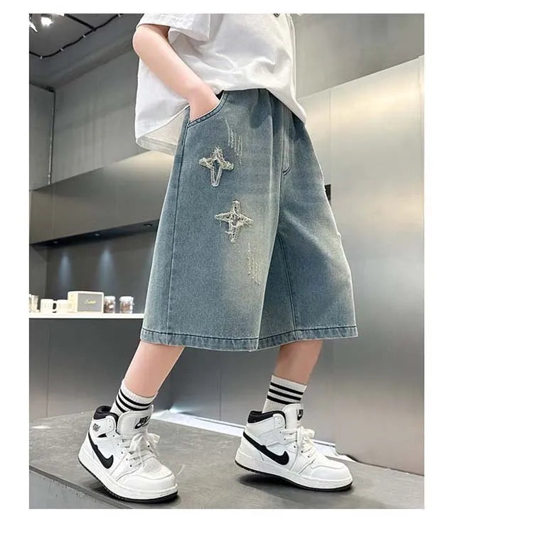 Boys Denim Shorts with Star Pattern