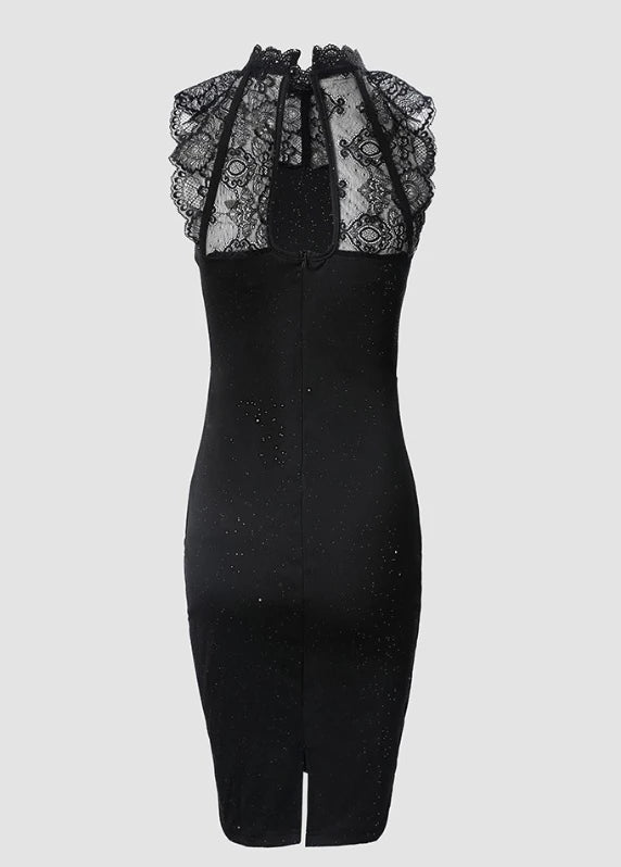 Glitter Print Contrast Lace Casual O-Neck Sleeveless  Dress